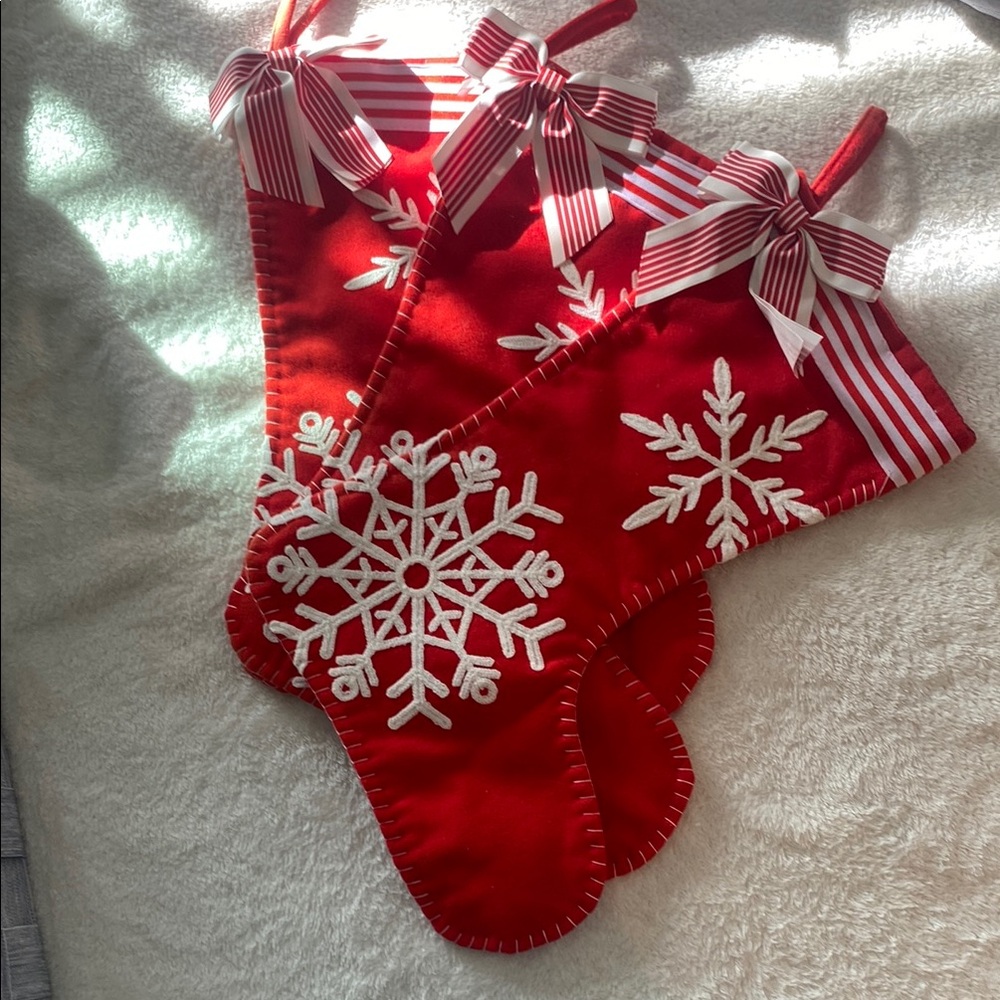 Red Stockings with Snowflake and Bow Accents